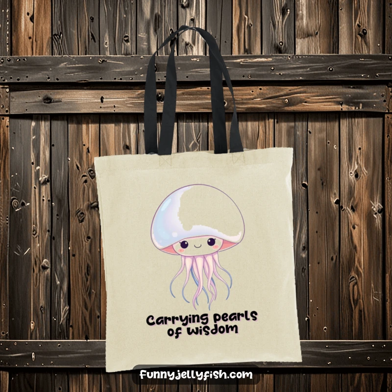 Funny kawaii jellyfish peeking from behind a large, glowing pearl, this tote bag is a functional and humorous ocean-themed accessory.
