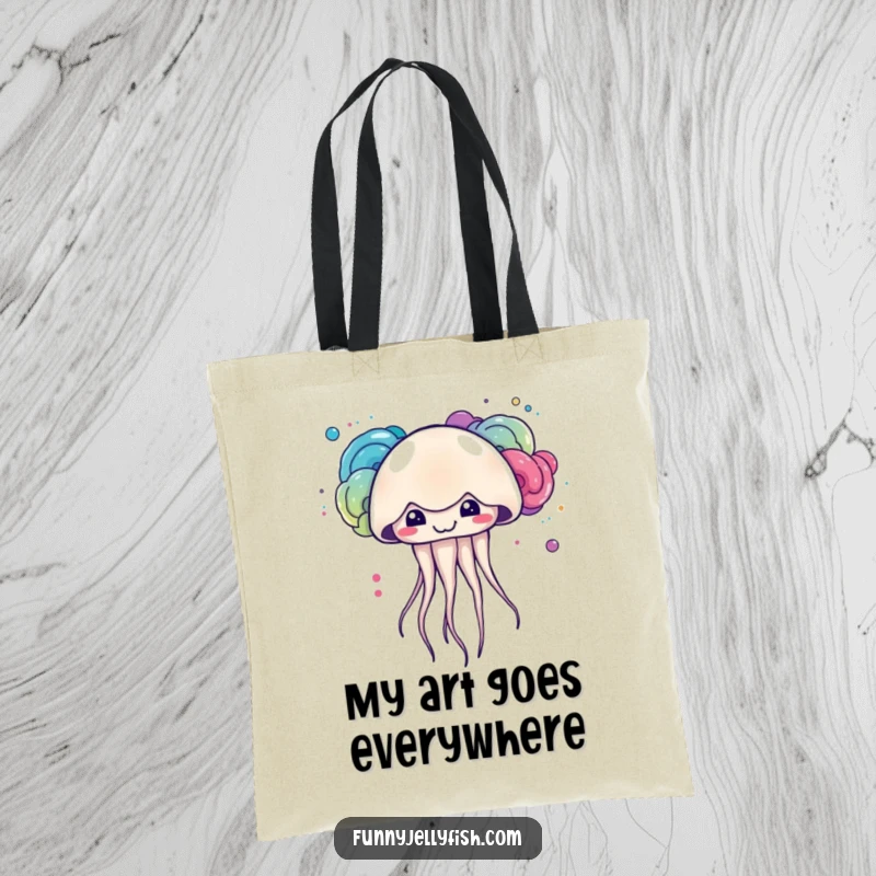 Funny kawaii jellyfish with a mischievous grin creating colorful ink clouds on this spacious and stylish tote bag.