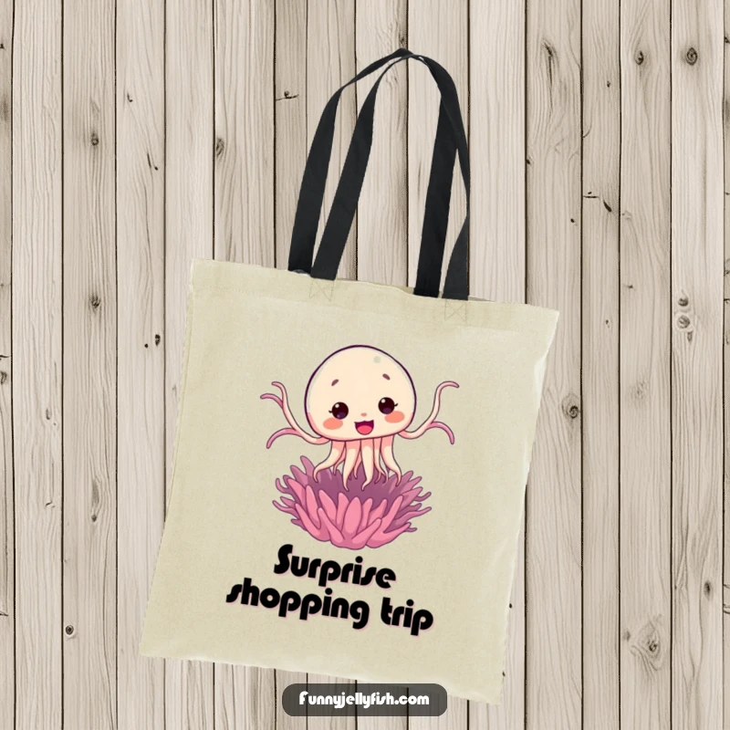 Funny Kawaii Jellyfish Jump Tote Bag featuring a cute jellyfish comically jumping from a sea anemone, great for daily use.