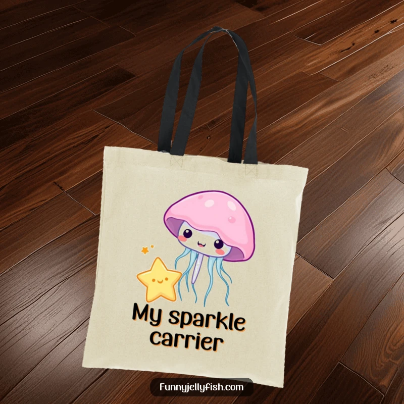 Funny kawaii jellyfish playfully bouncing a miniature star with its bell on this spacious and stylish tote bag.