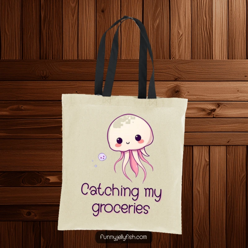Funny Kawaii Jellyfish Tote Bag illustrating a cute jellyfish playfully pursuing shimmering plankton, great for everyday use.
