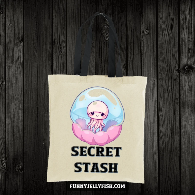 Funny tote bag featuring a shy jellyfish peeking out from a colorful, translucent anemone, ideal for everyday use.